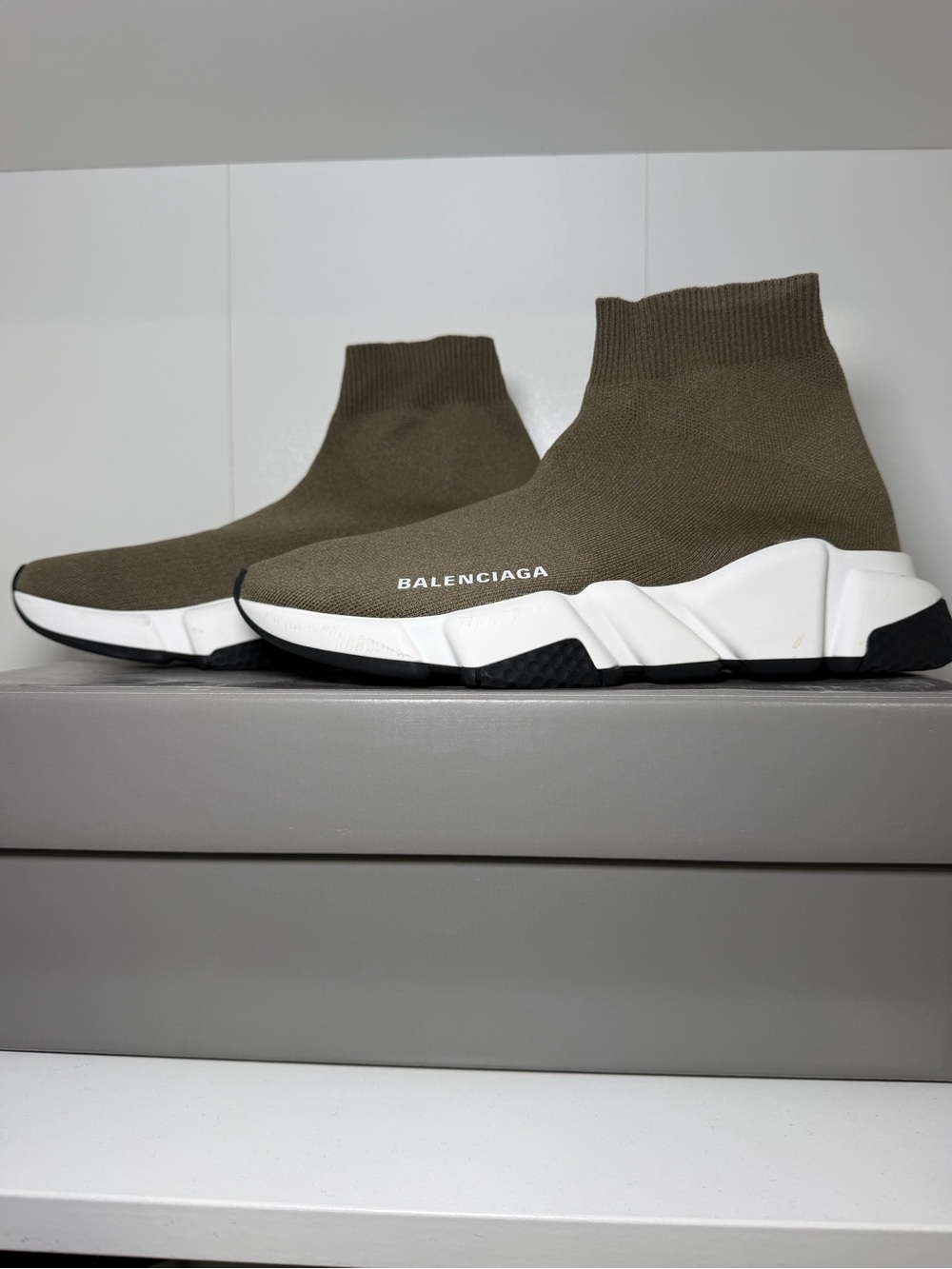 Balenciaga Olive Knit Sock Sneaker with White Sole